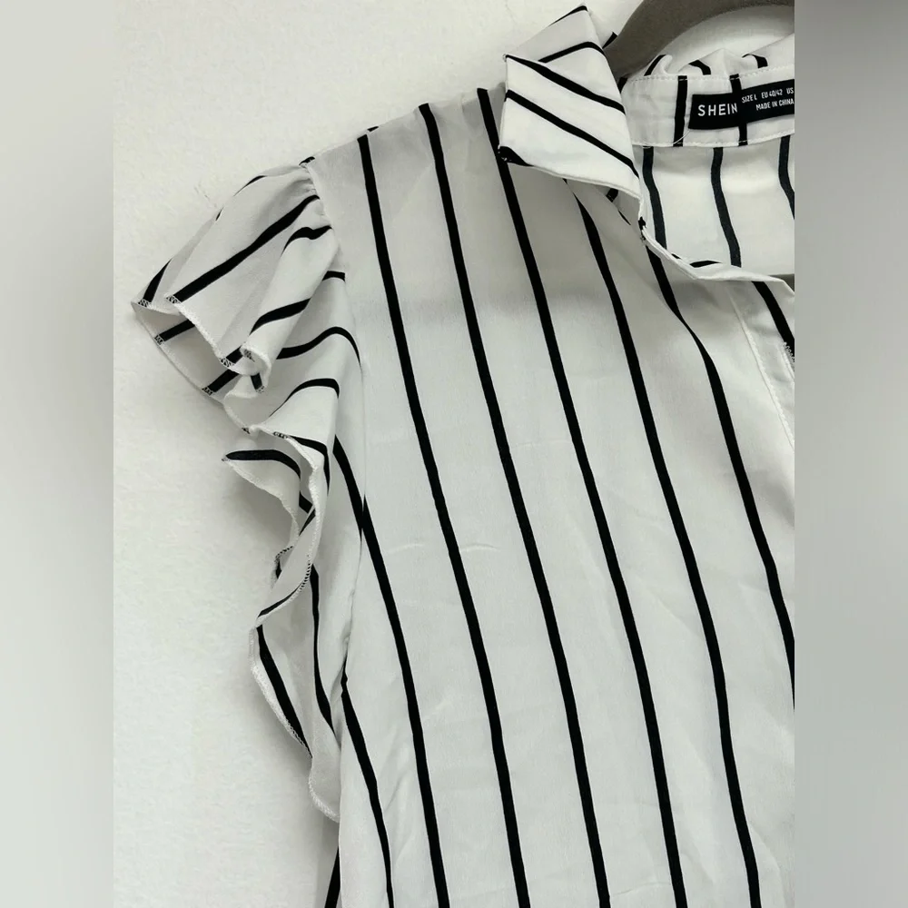 SHEIN Black and White Stripe Flutter Sleeve Button Down Womens size L NWOT - Picture 7 of 9